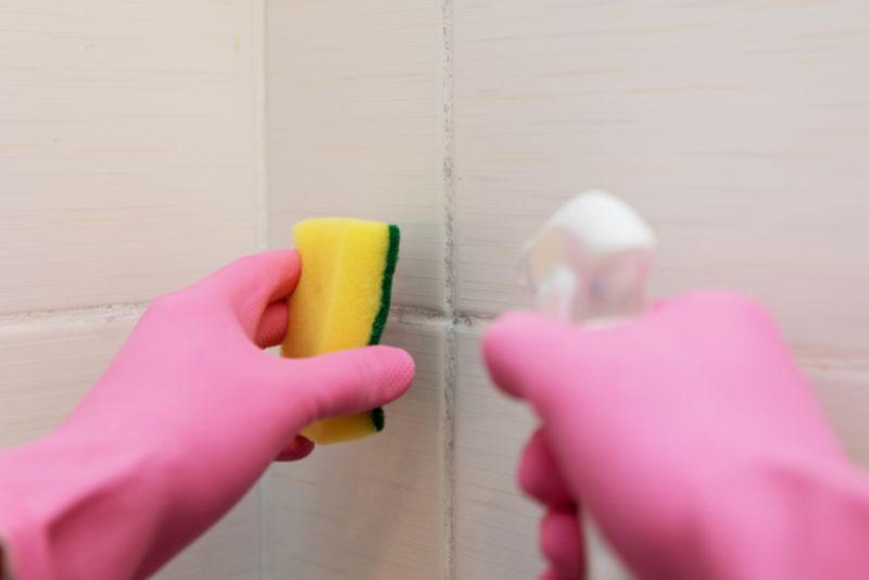 Technician cleaning mould and grout from bathroom tiles