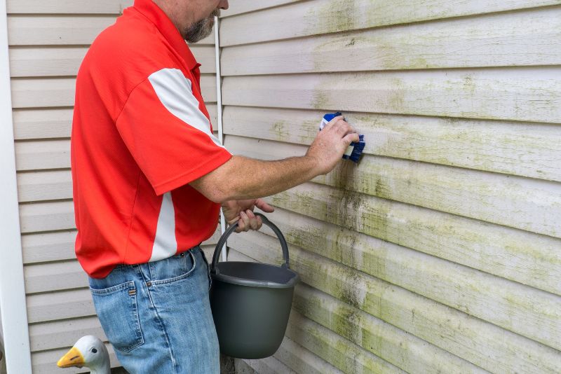 man cleaning mould off the outside wall
