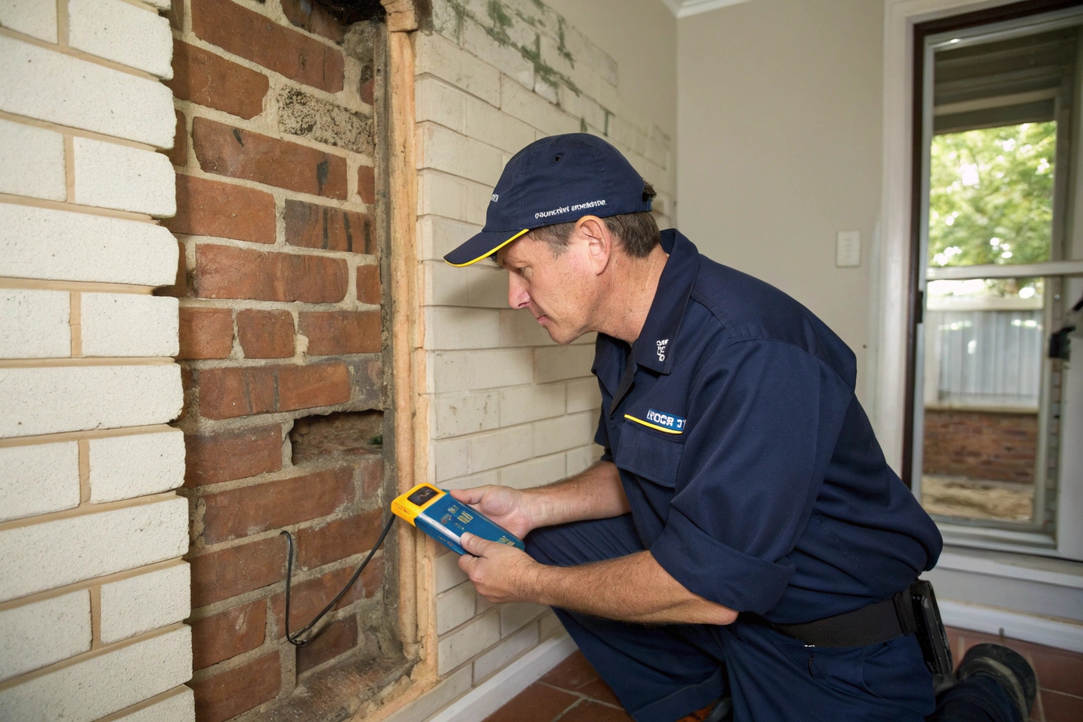 Mould inspector using a moisture meter on an interior wall
