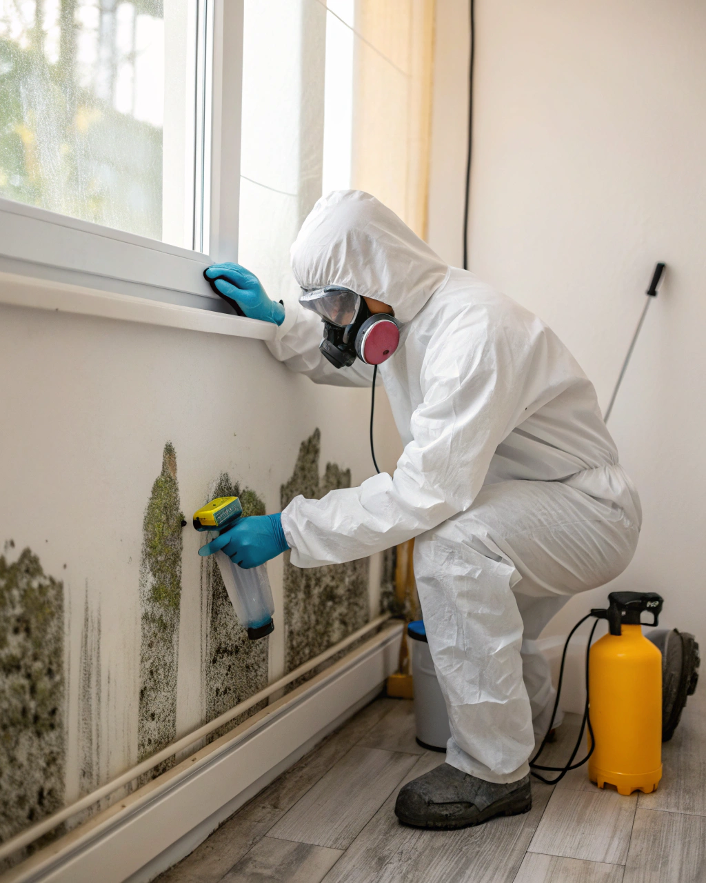 A professional mould remediation technician in full protective equipment