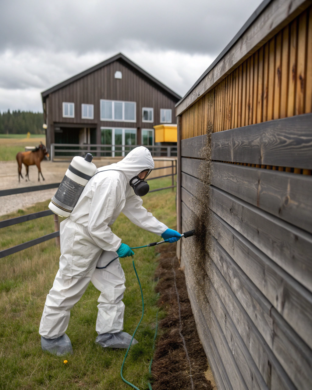 A professional mould remediation technician in full protective equipment