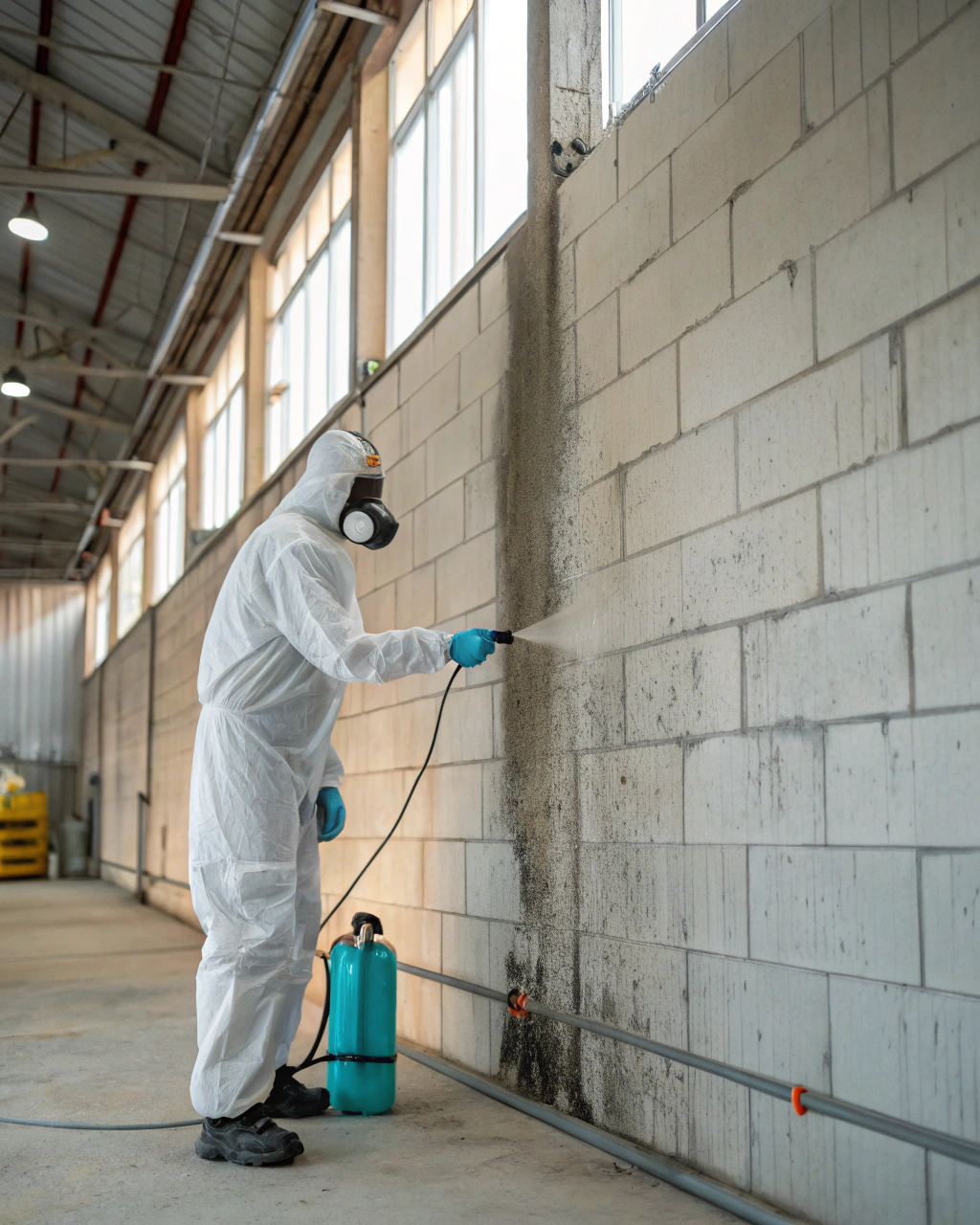 A professional mould remediation technician in full protective equipment