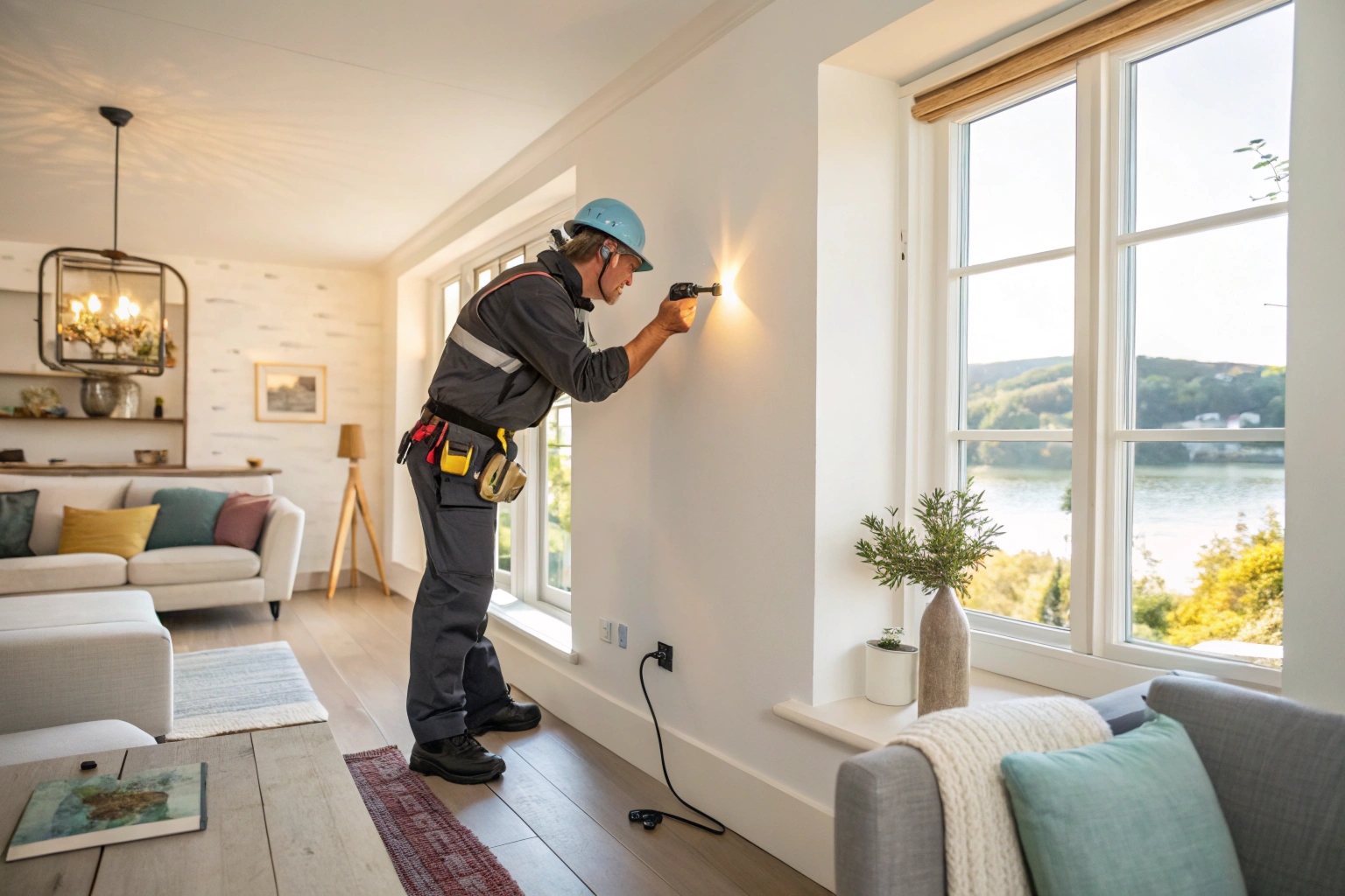 Mould remediation technician inspecting a wall cavity during treatment