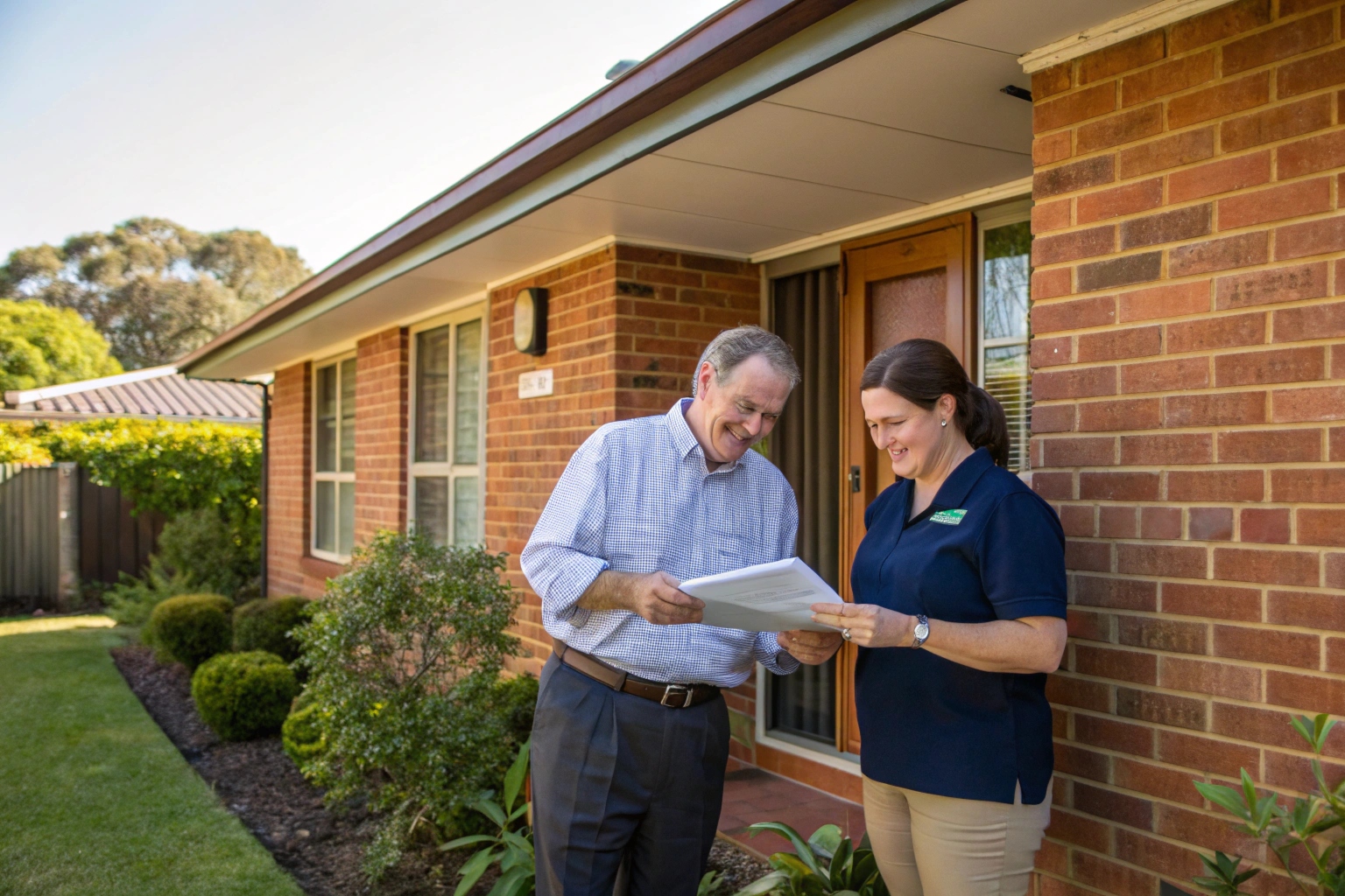Property manager and mould inspection professional reviewing a rental property