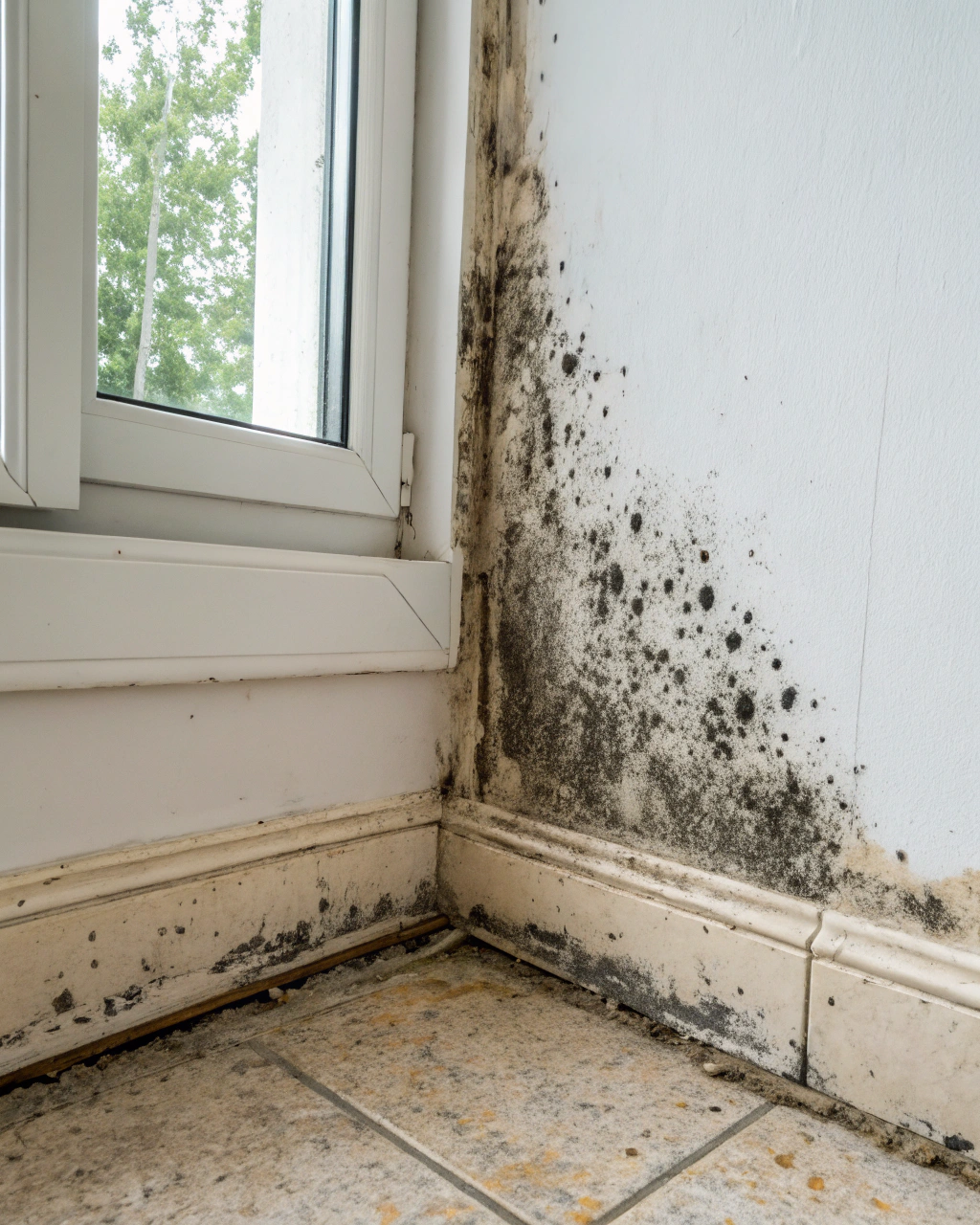 Close-up of black mould growth spreading across a wall