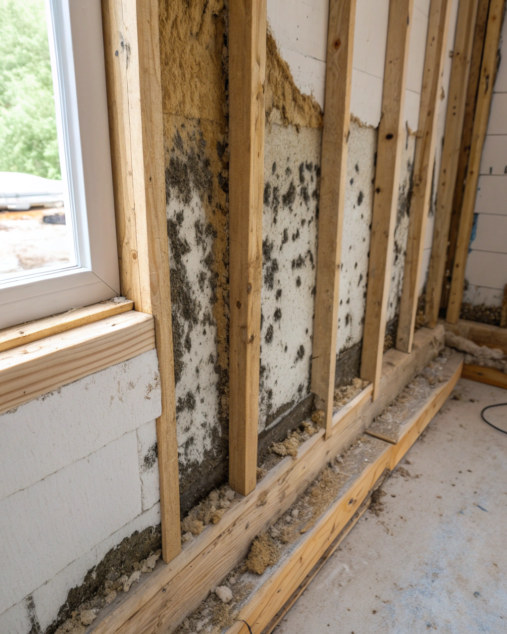 Close-up of an exposed wall cavity showing mould growth