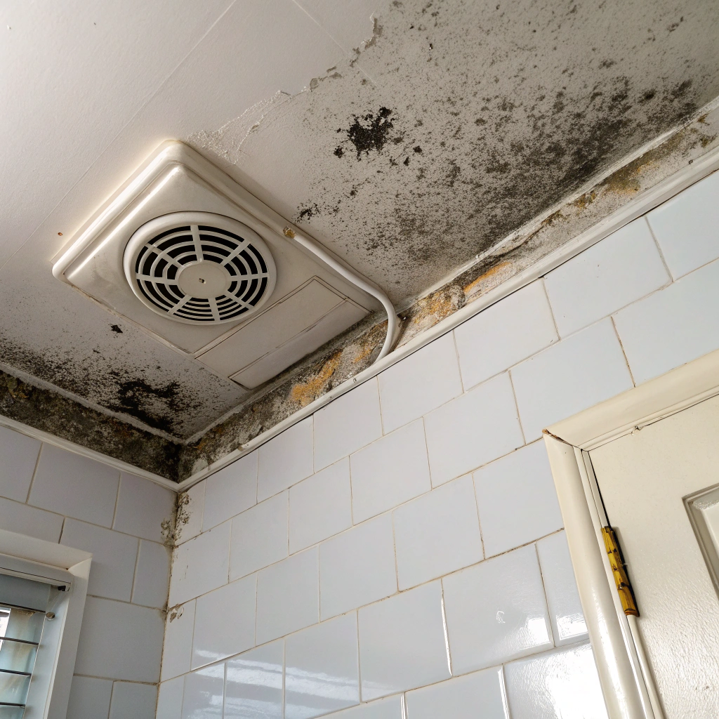 Black mould growth spreading across a bathroom ceiling in an older Australian home