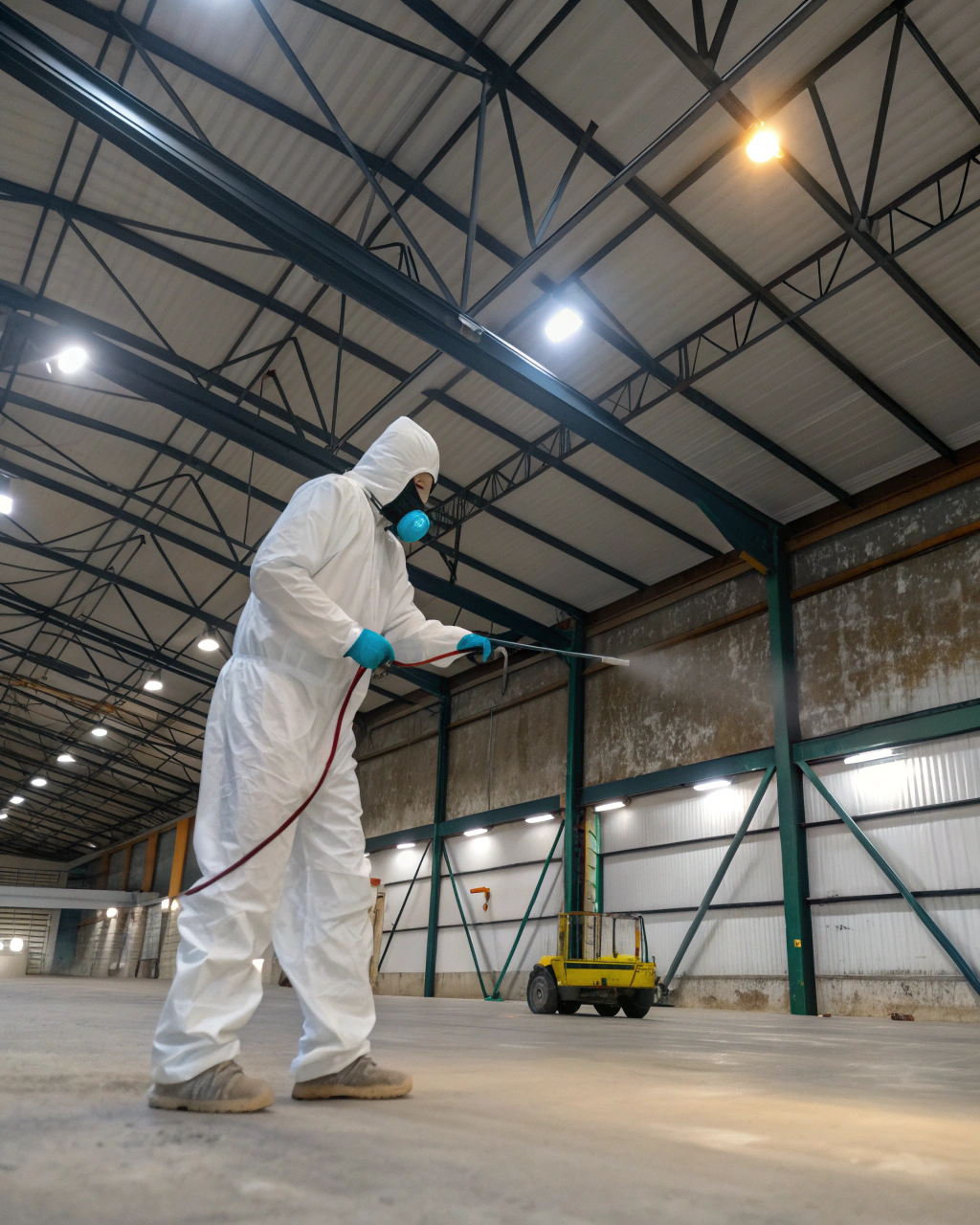 Mould remediation technician in protective gear treating an industrial warehouse