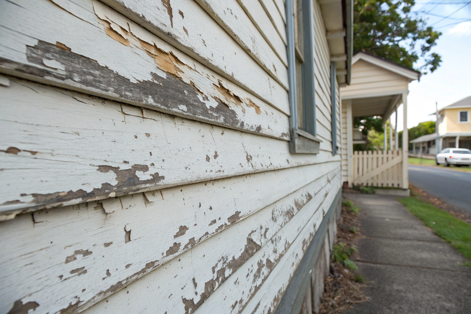 Weatherboard workers cottage in Stockton NSW showing peeling paint and salt air damage on exterior walls