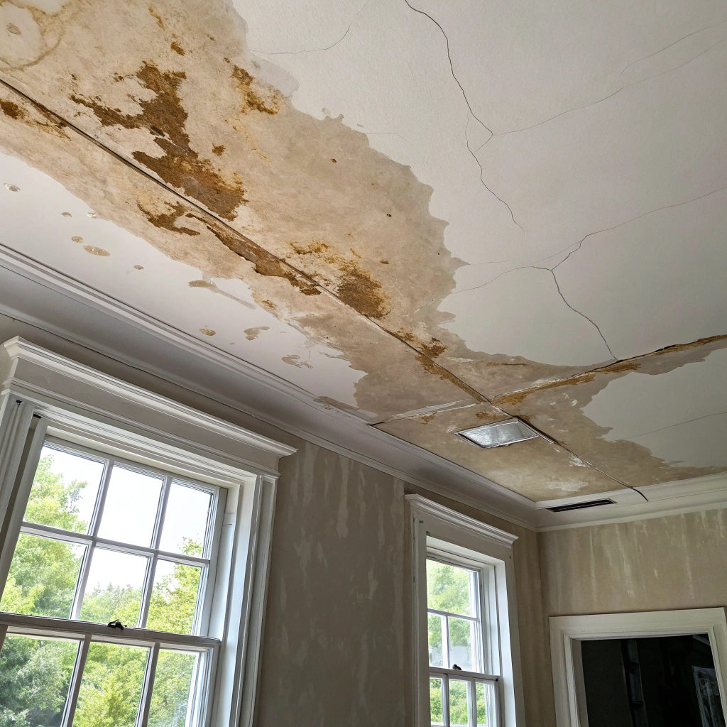 Water-damaged ceiling plasterboard prepared for replacement in a Newcastle home