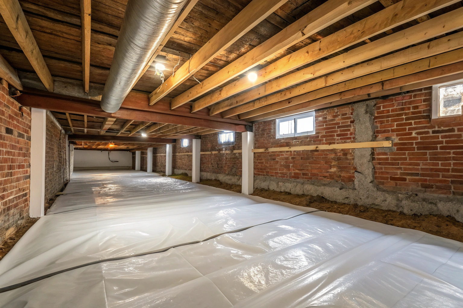 Completed ground moisture barrier sheeting installed beneath a subfloor