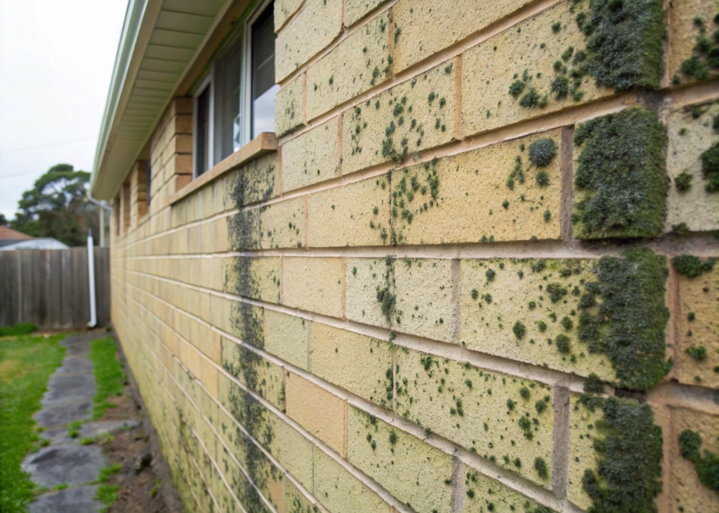 Exterior rendered wall affected by mould in Newcastle