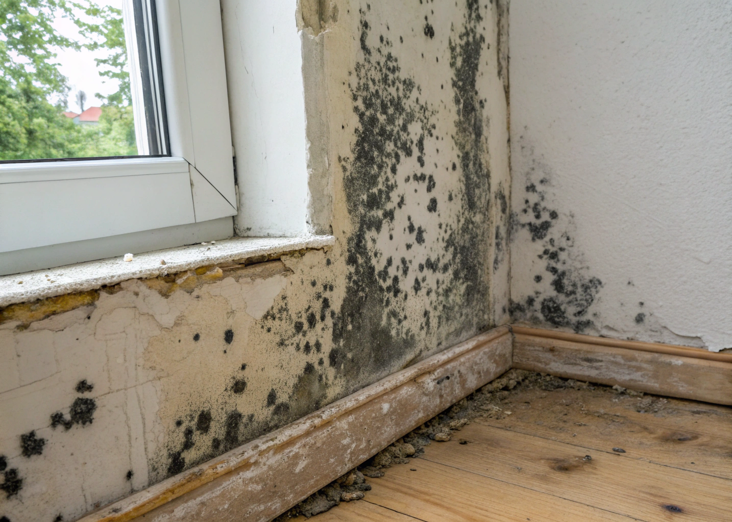 Mould-damaged plasterboard exposing wall framing before replacement in a Newcastle home