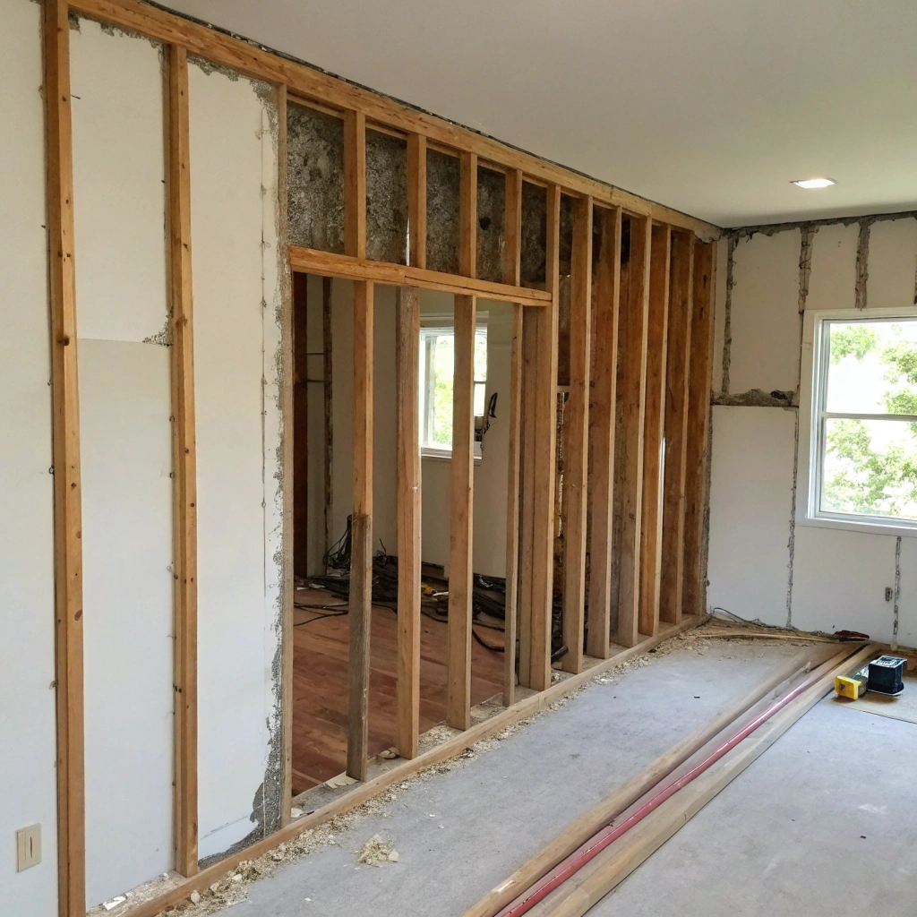 Wall framing exposed and inspected after removal of mould-damaged plasterboard
