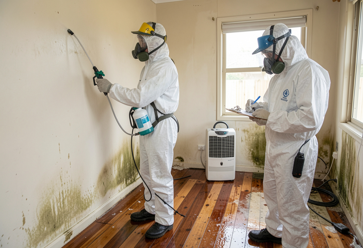 Technician applying professional disinfection treatment to a surface in Newcastle