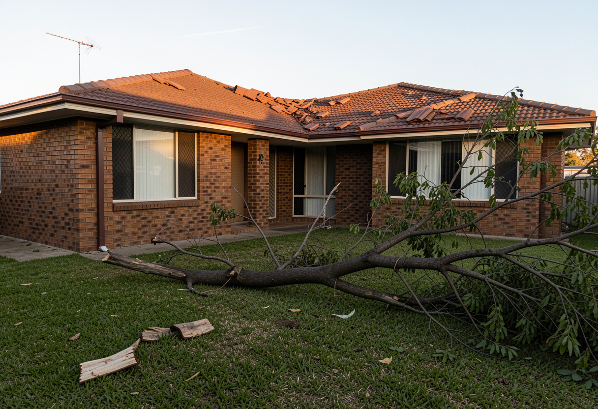 Storm-damaged property exterior in Newcastle awaiting restoration