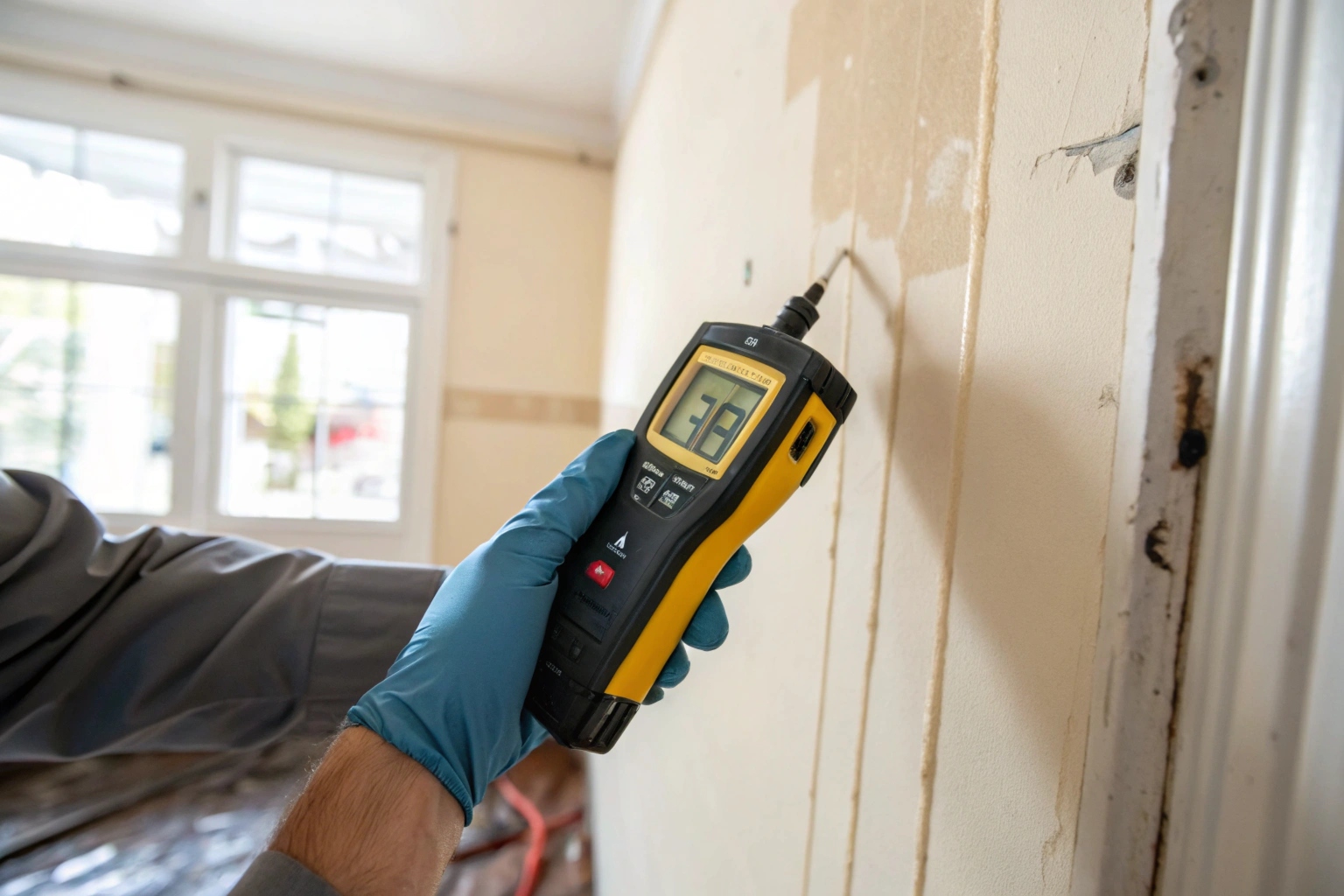 Inspector using a moisture meter on an interior wall during a mould inspection in a Newcastle home