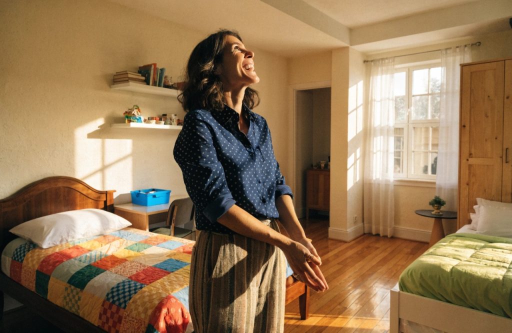 Relieved Australian mother standing and looking up inside a home