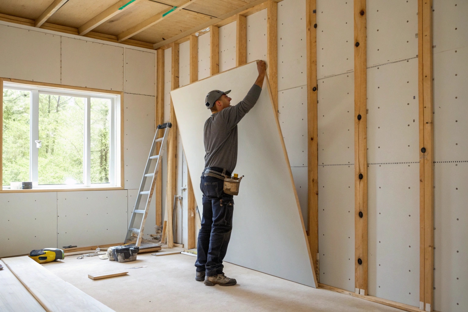 Tradesperson installing a fresh plasterboard sheet