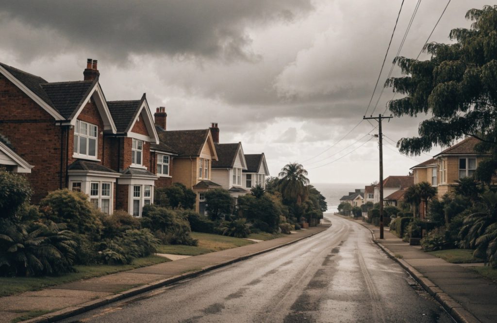 Wide shot of a classic Newcastle coastal suburb street with houses