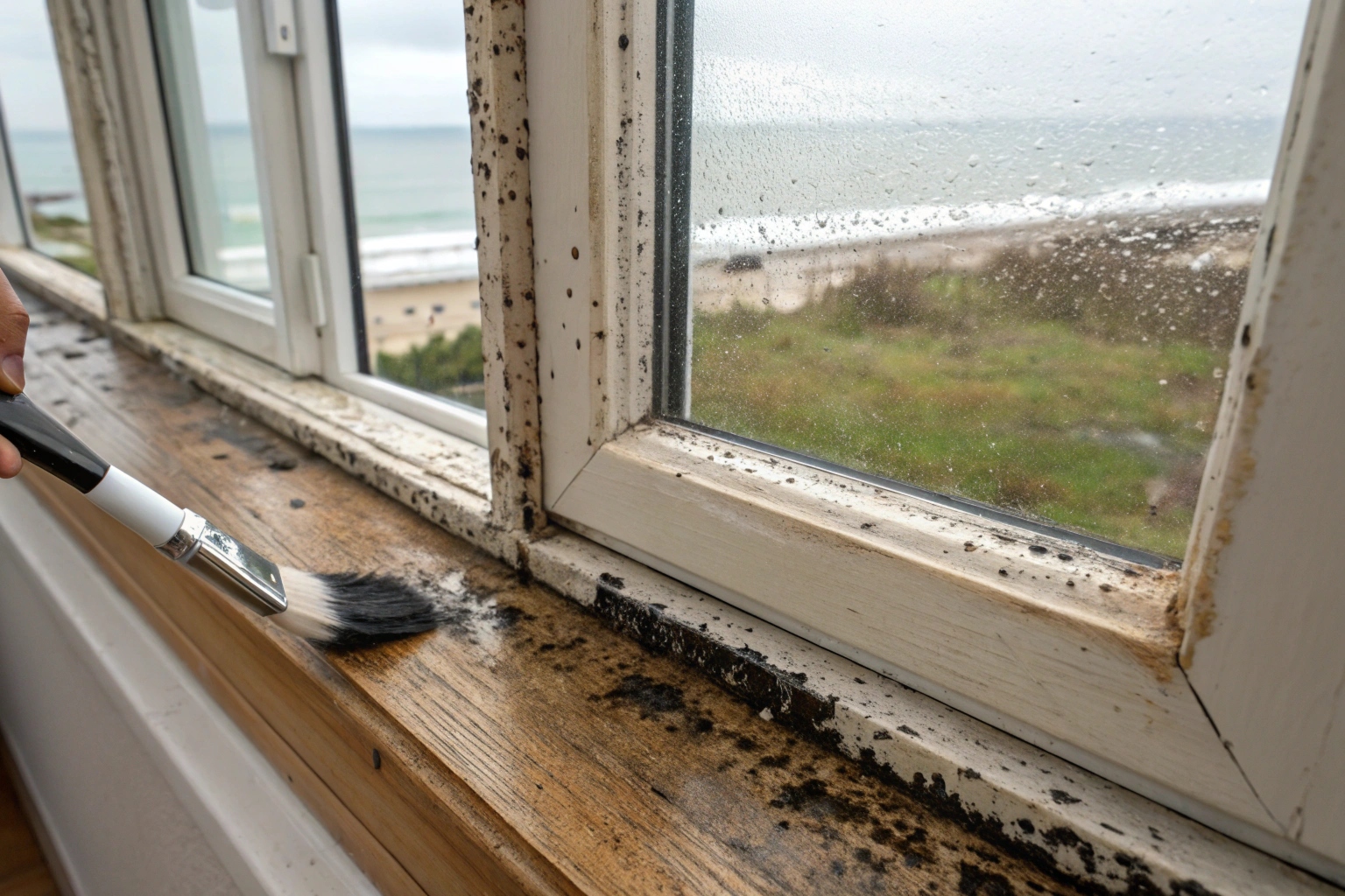 Mould growth on a timber window frame and sill in a Port Stephens coastal property