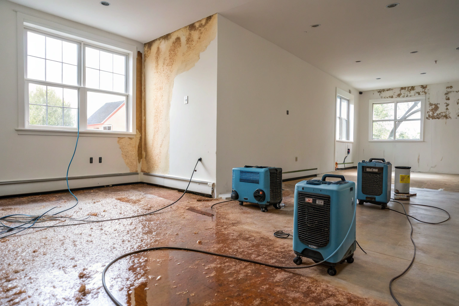 Industrial air movers and a commercial dehumidifier used for drying