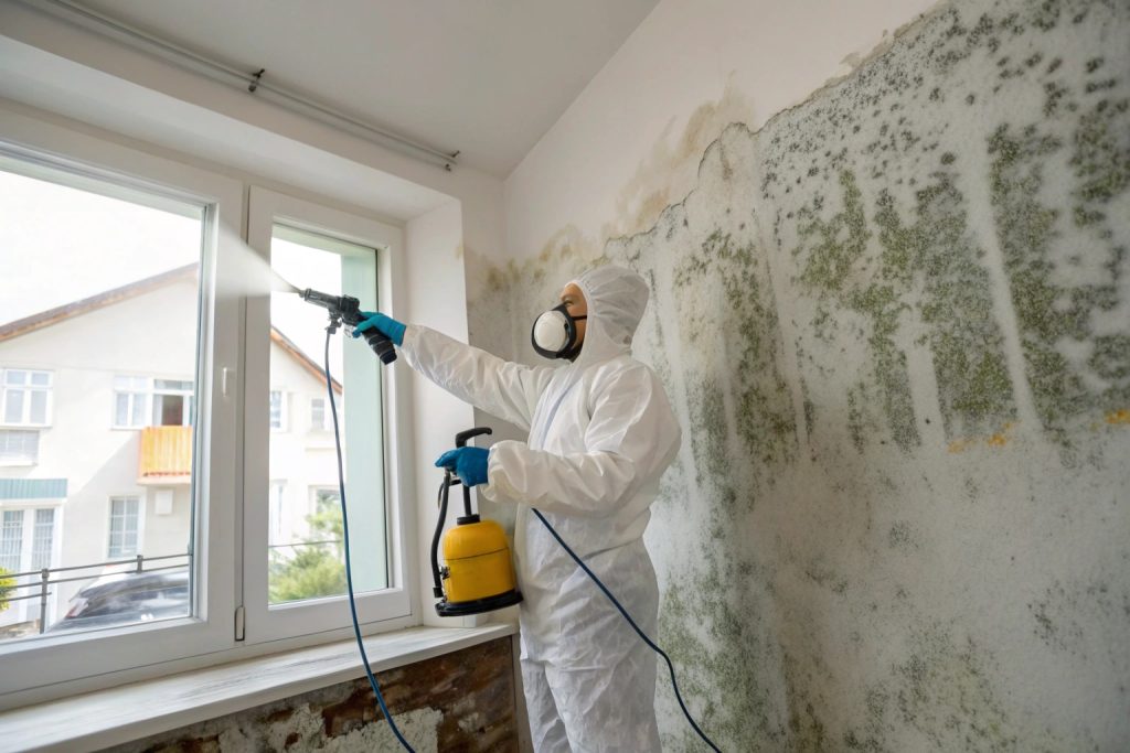 Spray application of antimicrobial product on a treated surface