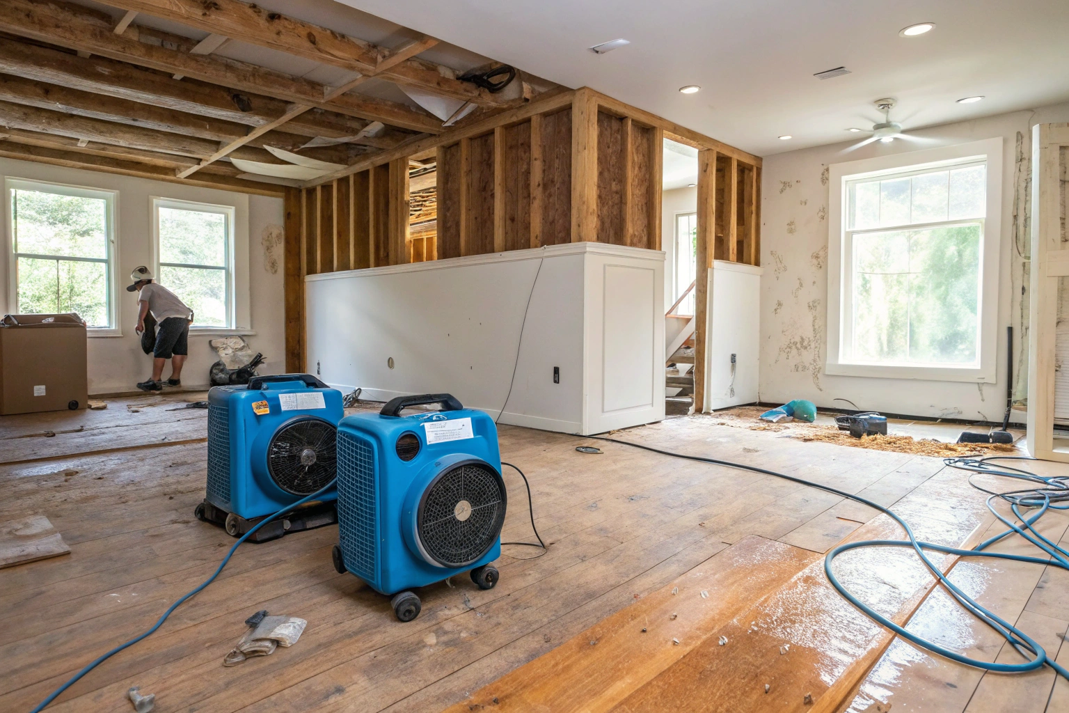 Professional water damage restoration equipment set up on site
